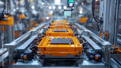 mass production assembly line for electric vehicle battery cells, captured in a close-up view, demonstrating the advanced manufacturing process for renewable energy solutions