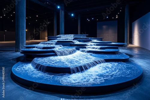 A cascading water sculpture in an art installation, where water flows over a series of connected platforms photo