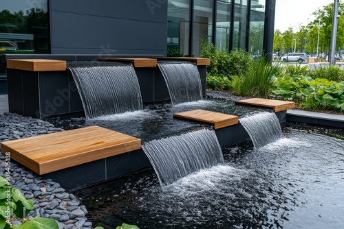 A cascading water feature in a modern office building, providing a serene and calming environment #986405188