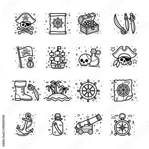 Collection of pirate themed icons, cute hand drawn cartoon set, hand drawn outlines for decorative project elements , vector illustration.