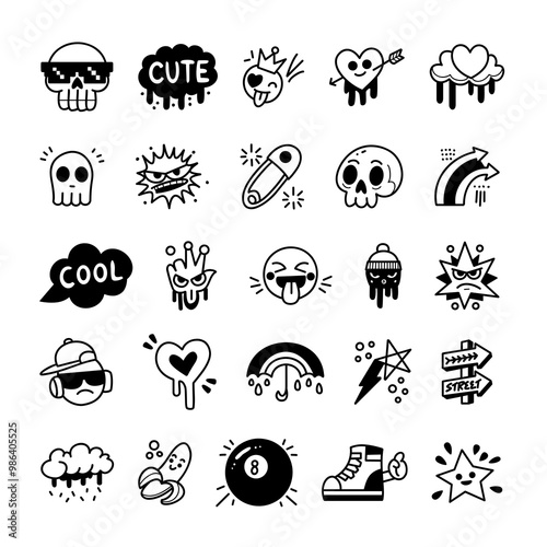 Cool sticker doodle set, trendy and fun icons, black and white clipart elements for graffiti street art, illustration.