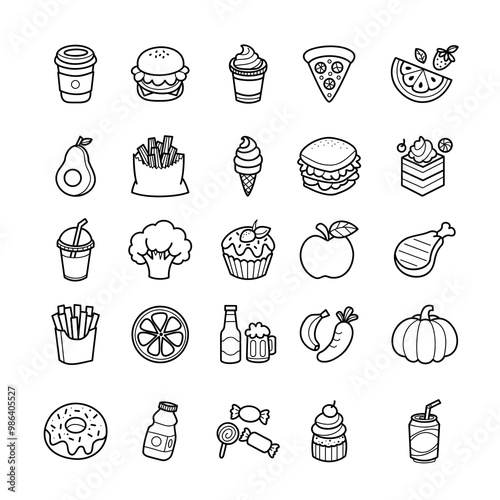 Food and drink line art icon set, diverse culinary collection, cute hand drawn icons for stickers, planer elements, menu decoration, illustration.