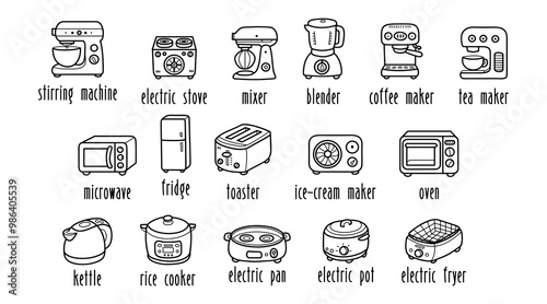 Kitchen appliances icon line art collection, home electronics doodle set, black and white hand drawn for home cooking, vector illustration.