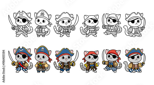 Pirate cats in costume with swords, cute feline buccaneers cartoon characters collection, playful and fun costumes, vector illustration.