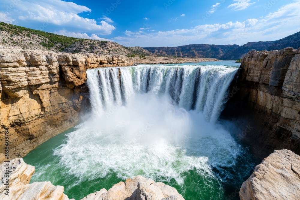 A cascading waterfall in the middle of a rocky canyon, with mist rising from the flowing water A cascading waterfall in the middle of a rocky canyon, with mist rising from the flowing water