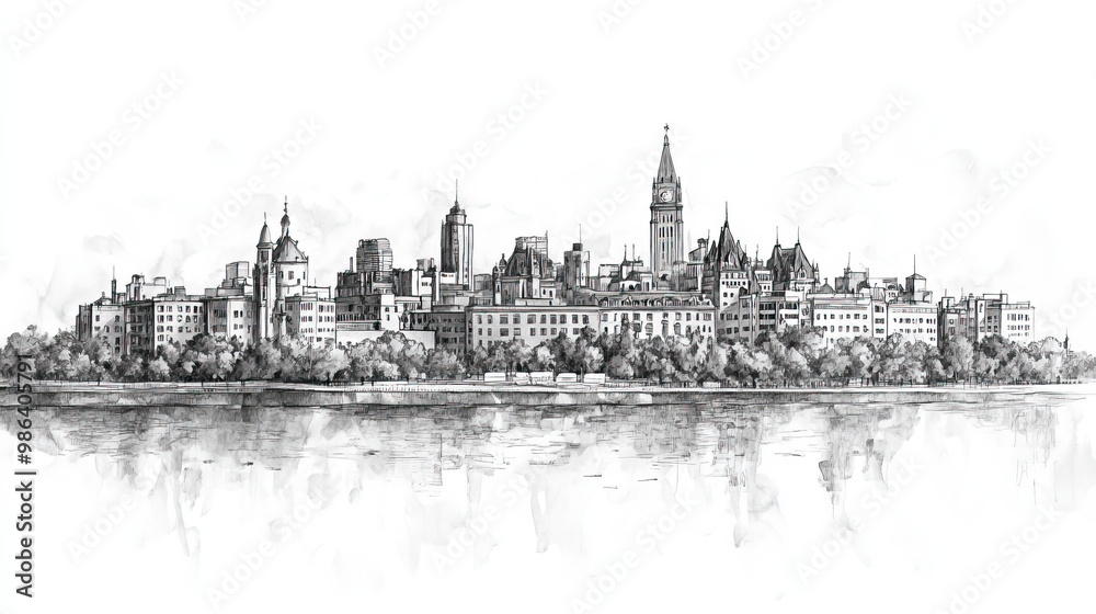 Fototapeta premium Saint, Denis, black and white pen pencil hand-drawn effect drawing illustration for travel poster, card, wallpaper, backdrop or banner. Modern, clear, artistic and simple