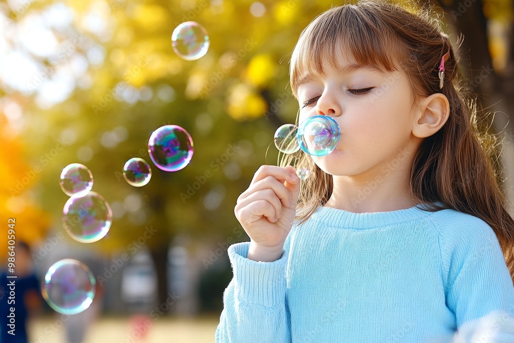 A child blowing bubbles, with bubbles floating around in the air and sunlight creating reflections A child blowing bubbles, with bubbles floating around in the air and sunlight creating reflections