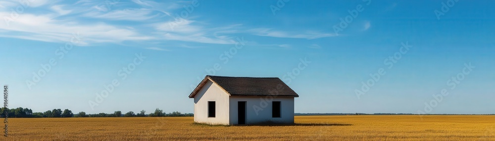 A solitary house stands alone in a vast field under a clear blue sky, reflecting a sense of tranquility and isolation in nature. A solitary house stands alone in a vast field under a clear blue sky, reflecting a sense of tranquility and isolation in nature.