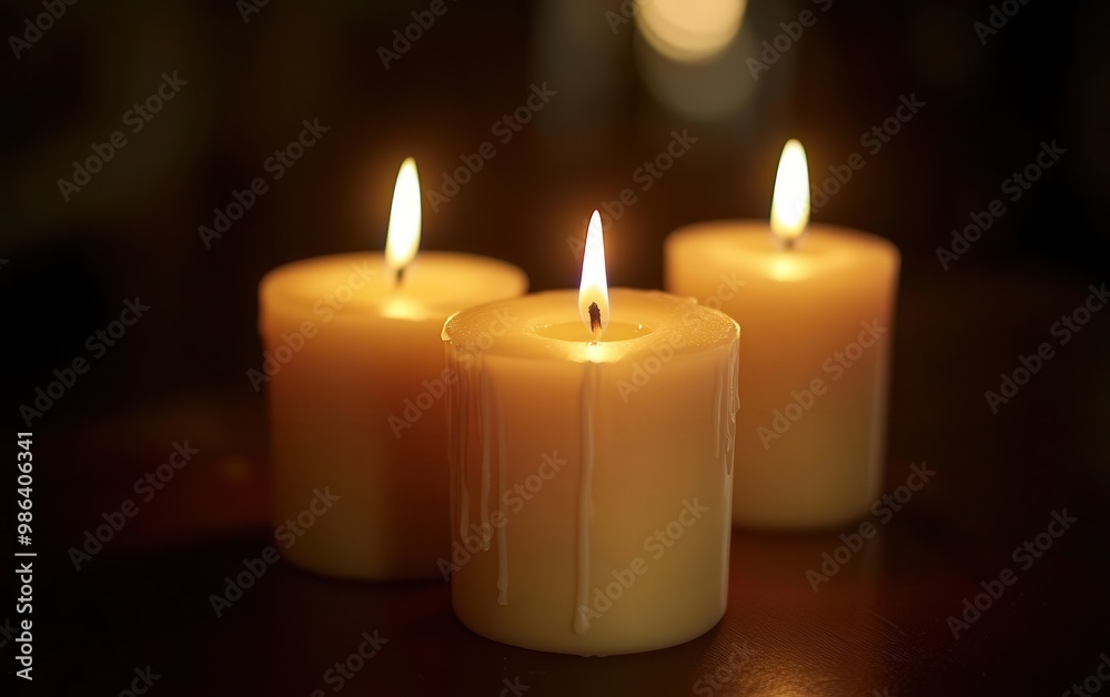 Three lit candles create a serene atmosphere, casting warm light and soft shadows, perfect for relaxation or meditation. Three lit candles create a serene atmosphere, casting warm light and soft shadows, perfect for relaxation or meditation.