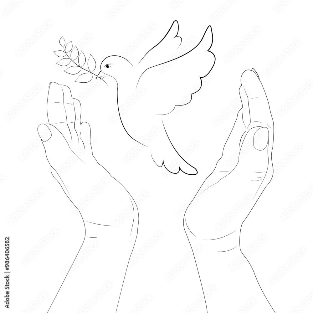 Naklejka premium Hands in prayer. Dove peace. Symbol of hope and desire for harmony. White dove holding olive branch in its beak. New beginning and improvement life.