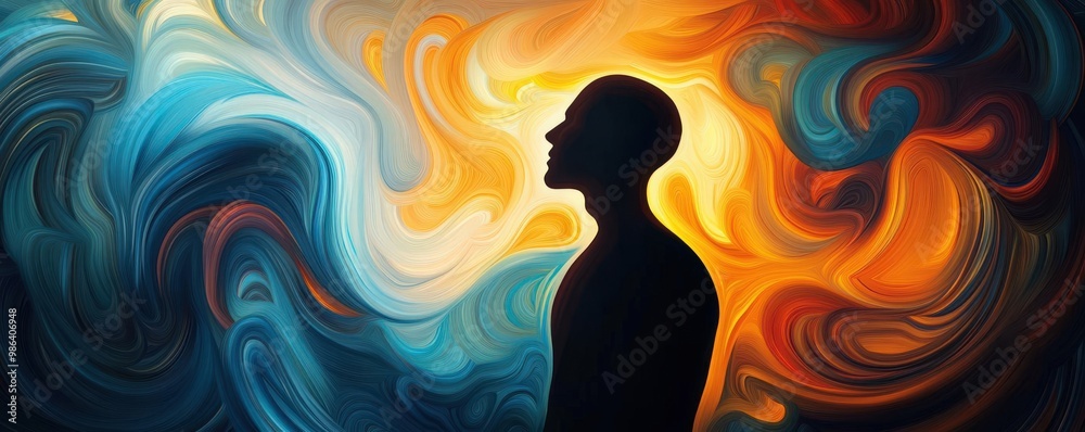 custom made wallpaper toronto digitalA silhouette of a person appears against an abstract swirl of vibrant colors, symbolizing creativity and introspection.