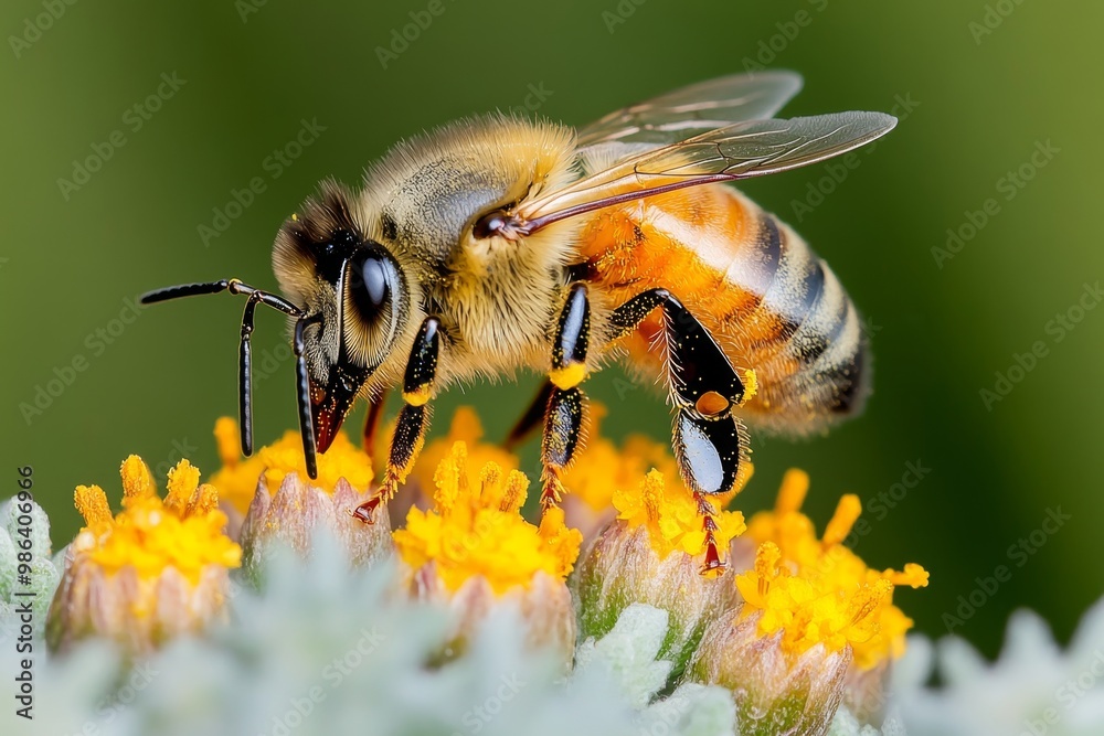 A close-up of a bee pollinating a flower, highlighting the importance of bees to the ecosystem and environmental balance A close-up of a bee pollinating a flower, highlighting the importance of bees to the ecosystem and environmental balance
