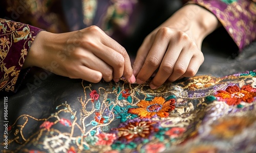 Hands embroidering floral pattern on fabric.
