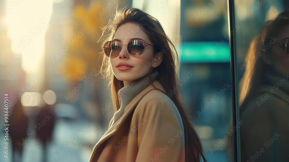 portrait of attractive brunette woman walking in street in autumn style fashion outfit wearing sunglasses and coat, sunny light, trend accessories portrait of attractive brunette woman walking in street in autumn style fashion outfit wearing sunglasses and coat, sunny light, trend accessories