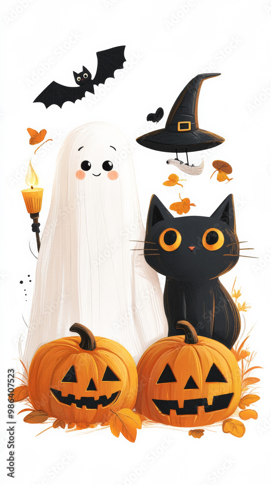 Halloween 2d clipart, with lighting pumpkin as companion, standing next to a cute ghost