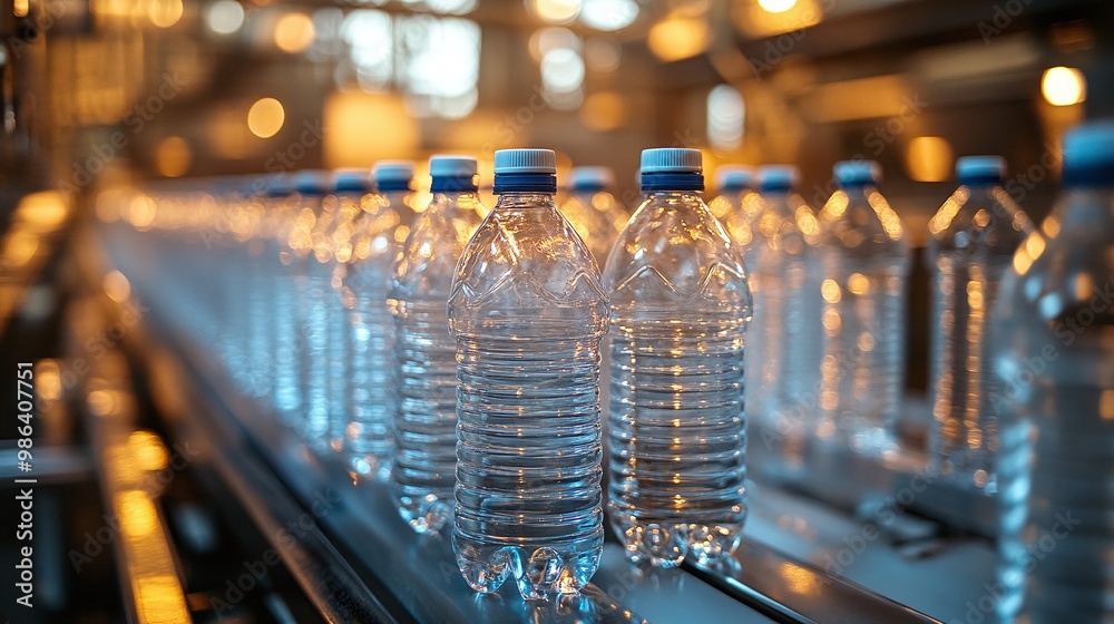 plastic bottles filled with beverages on a bottling line at a clean and light factory, emphasizing the automated manufacturing and packaging process plastic bottles filled with beverages on a bottling line at a clean and light factory, emphasizing the automated manufacturing and packaging process