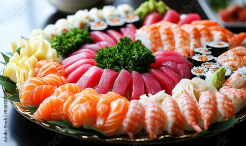 Assortment of Japanese sushi and sashimi on a plate.