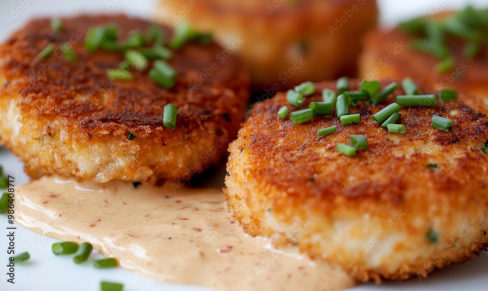 Crispy fried patties with sauce and chives. Crispy fried patties with sauce and chives.