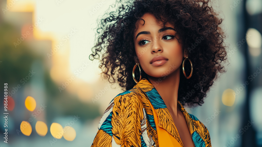 portrait of attractive African American black woman with curly hair walking in street in autumn style fashion colorful outfit wearing printed coat, modern trend accessories portrait of attractive African American black woman with curly hair walking in street in autumn style fashion colorful outfit wearing printed coat, modern trend accessories