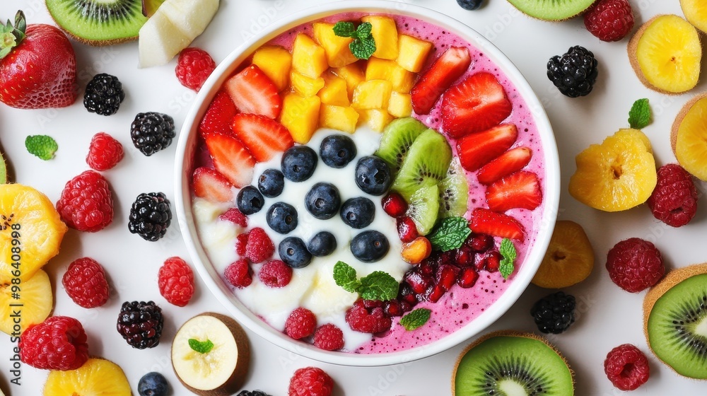 A vibrant smoothie bowl topped with fresh fruits like strawberries, blueberries, and kiwi, arranged beautifully for a healthy meal. A vibrant smoothie bowl topped with fresh fruits like strawberries, blueberries, and kiwi, arranged beautifully for a healthy meal.