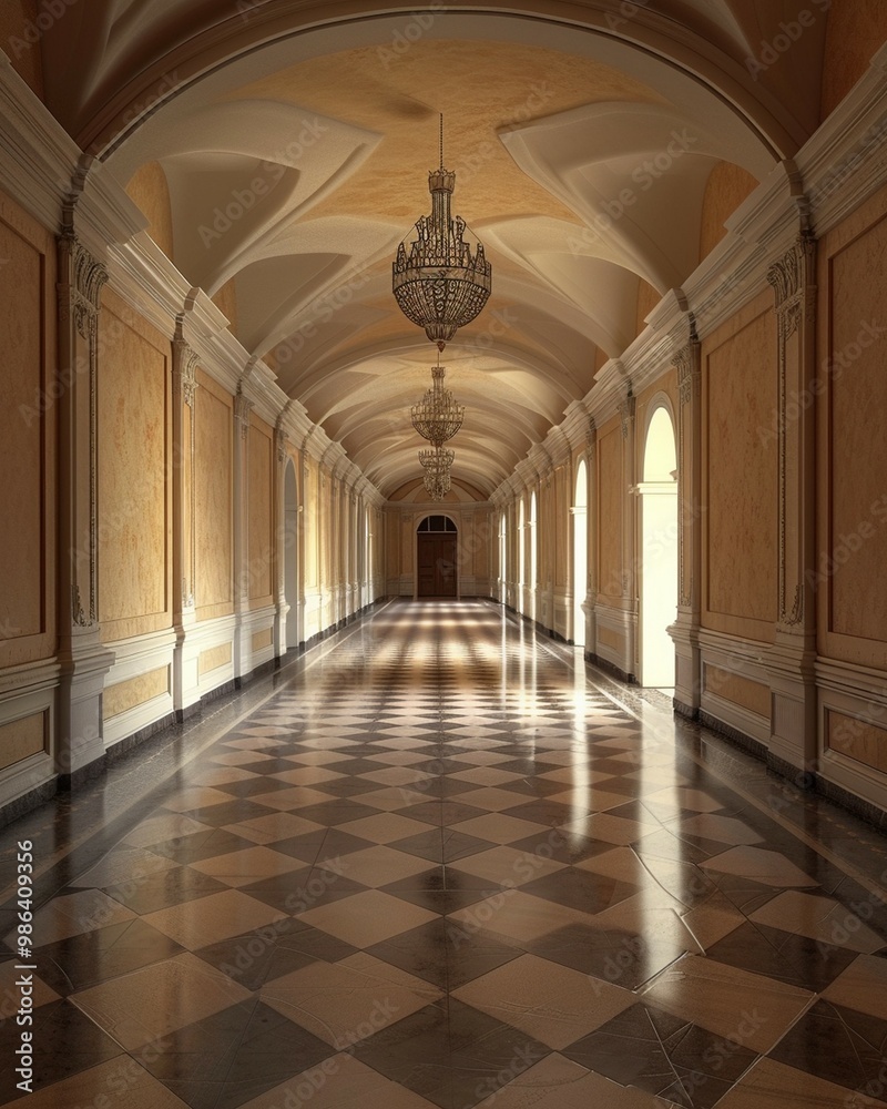 Obraz premium Long hallway with checkered floor and chandelier image