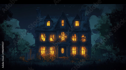Haunted house with glowing windows and broken shutters