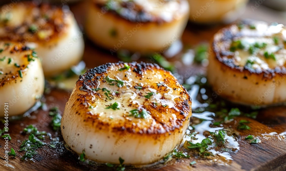 Seared scallops with herbs on a wooden board. Seared scallops with herbs on a wooden board.