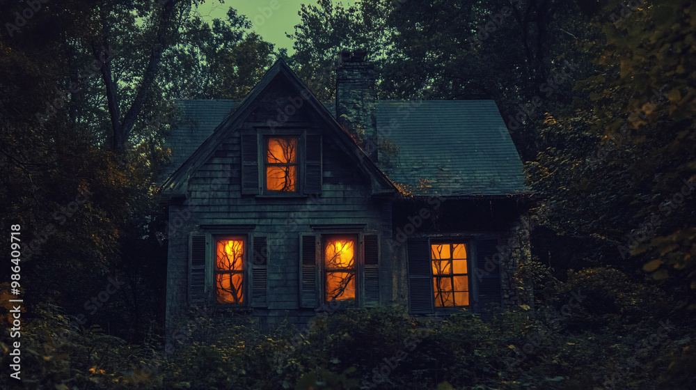 Haunted house with glowing windows and broken shutters Haunted house with glowing windows and broken shutters