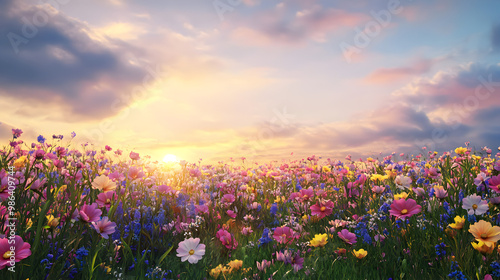 un bello atardecer en un campo hermoso de flores coloridas en el campo crecimiento de flores al aire libre photo