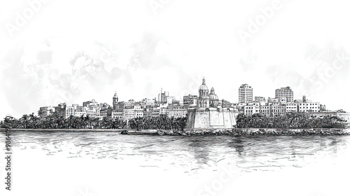 San Juan, Argentina, black and white pen pencil hand-drawn effect drawing illustration for travel poster, card, wallpaper, backdrop or banner. Modern, clear, artistic and simple