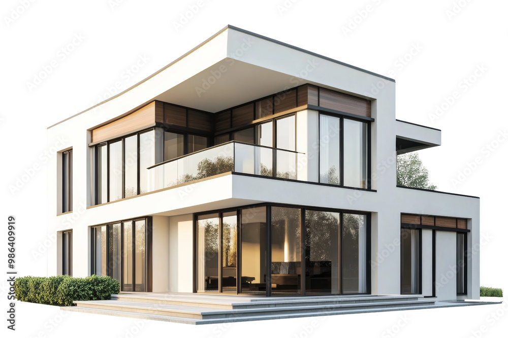 Modern two-story residential house with large windows and a sloping roof i,Isolated on transparent background Modern two-story residential house with large windows and a sloping roof i,Isolated on transparent background