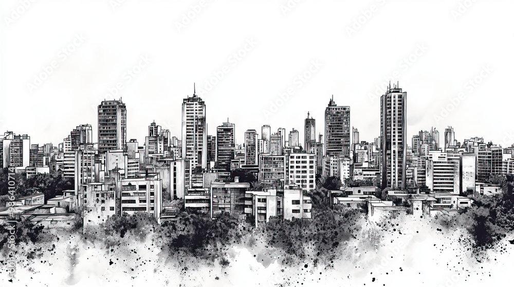 Obraz premium San Miguel de Tucumn, Argentina, black and white pen pencil hand-drawn effect drawing illustration for travel poster, card, wallpaper, backdrop or banner. Modern, clear, artistic and simple