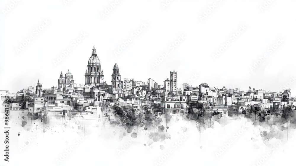 Obraz premium San Miguel, El Salvador, black and white pen pencil hand-drawn effect drawing illustration for travel poster, card, wallpaper, backdrop or banner. Modern, clear, artistic and simple
