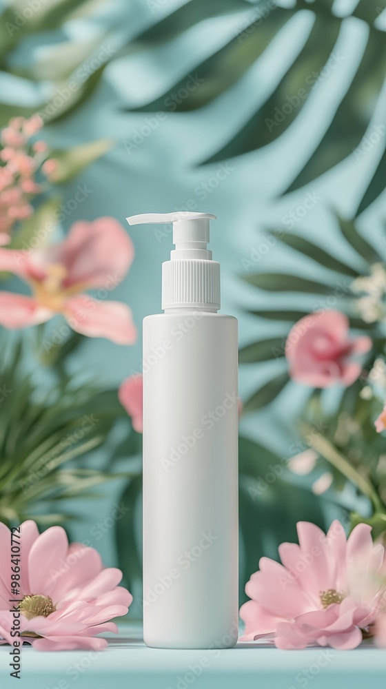 3d white plain lotion pump bottle mockup with flowers and monstera leaves on green background for advertisement, shampoo bottle mockup 3d white plain lotion pump bottle mockup with flowers and monstera leaves on green background for advertisement, shampoo bottle mockup