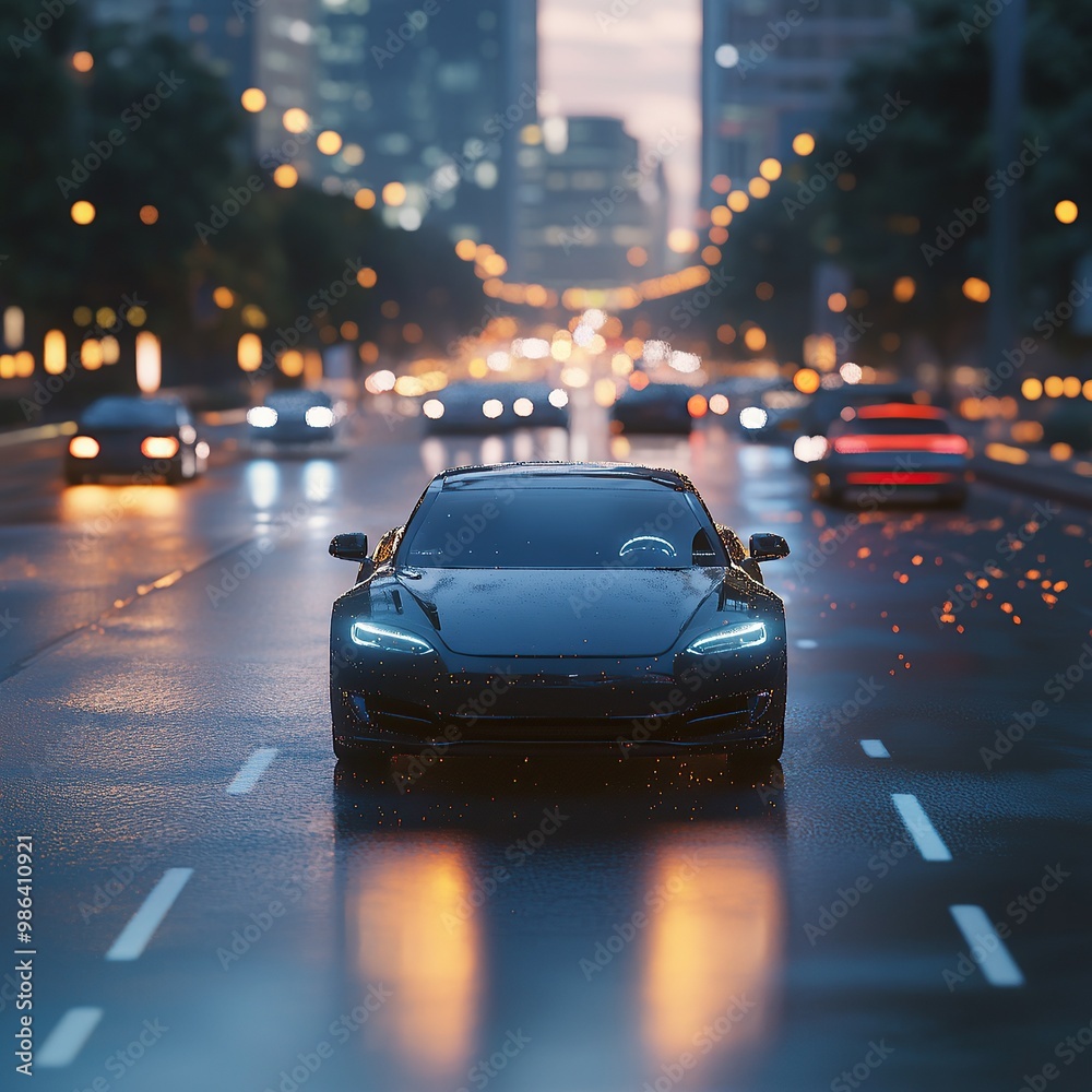 Autonomous Self-Driving 3D Car Moving Through City Highway Autonomous Self-Driving 3D Car Moving Through City Highway