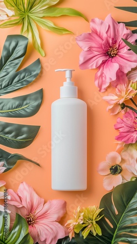 3d white plain lotion pump bottle mock up with flowers and leaves on orange background for advertising, shampoo bottle mock up