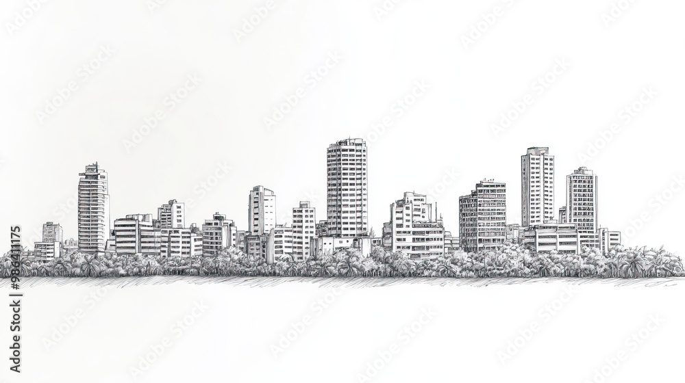 Obraz premium San Pedro Sula, Honduras, black and white pen pencil hand-drawn effect drawing illustration for travel poster, card, wallpaper, backdrop or banner. Modern, clear, artistic and simple