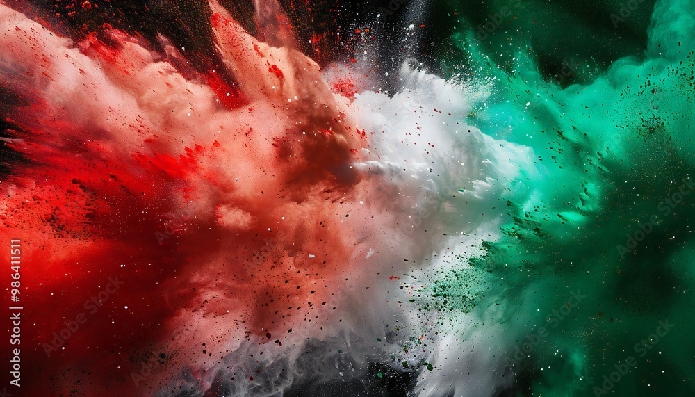A cloud of green, white and red holi powder reflecting the Italian flag creates a striking image A cloud of green, white and red holi powder reflecting the Italian flag creates a striking image