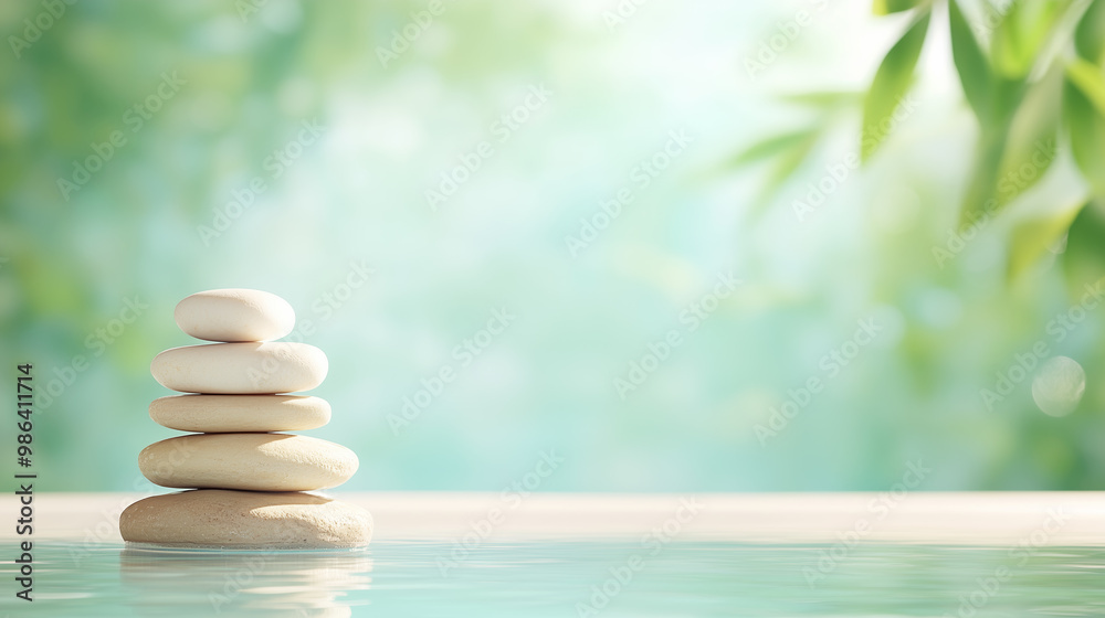 Obraz premium Calm water with stacked stones reflecting tranquility in a serene garden environment