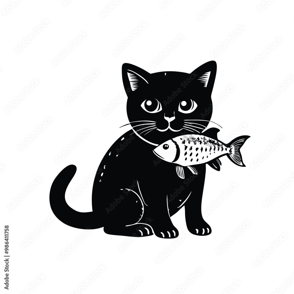 Obraz premium illustrate cat eats fish