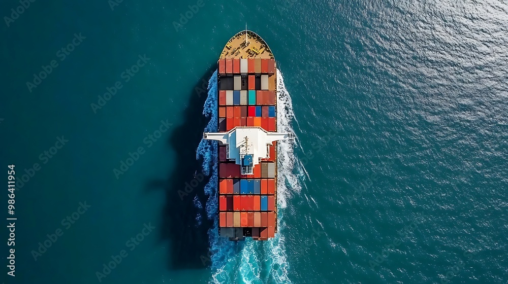 Fototapeta premium Aerial view of a cargo ship loaded with containers navigating through blue waters.