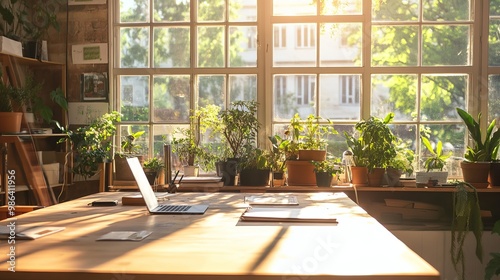 Wooden table in a sunny office with large windows Natural lighting fills the room casting shadows and creating a warm atmosphere Ideal for workspace or product mockups