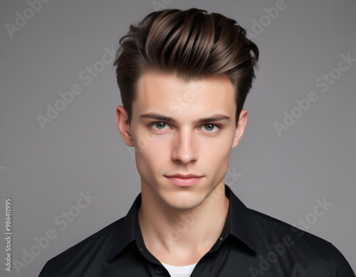 A young Caucasian man with short gray hair styled, wearing a ، black t-shirt, looking directly at the camera with a serious expression, studio shot,gray background photo