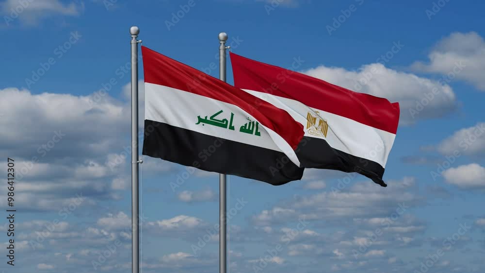 Egypt and Iraq flags flying together, video concept of the relationship, two country relations concept Egypt and Iraq flags flying together, video concept of the relationship, two country relations concept