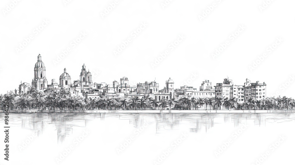 Fototapeta premium Santa Clara, Cuba, black and white pen pencil hand-drawn effect drawing illustration for travel poster, card, wallpaper, backdrop or banner. Modern, clear, artistic and simple