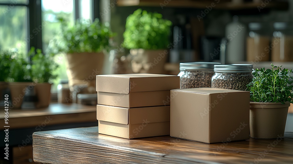 A serene kitchen scene featuring stacked boxes, transparent jars, and potted herbs, emphasizing a natural and organized lifestyle. A serene kitchen scene featuring stacked boxes, transparent jars, and potted herbs, emphasizing a natural and organized lifestyle.