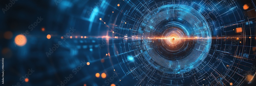 Fototapeta premium Abstract blue background with digital and futuristic elements, such as circles or lines representing