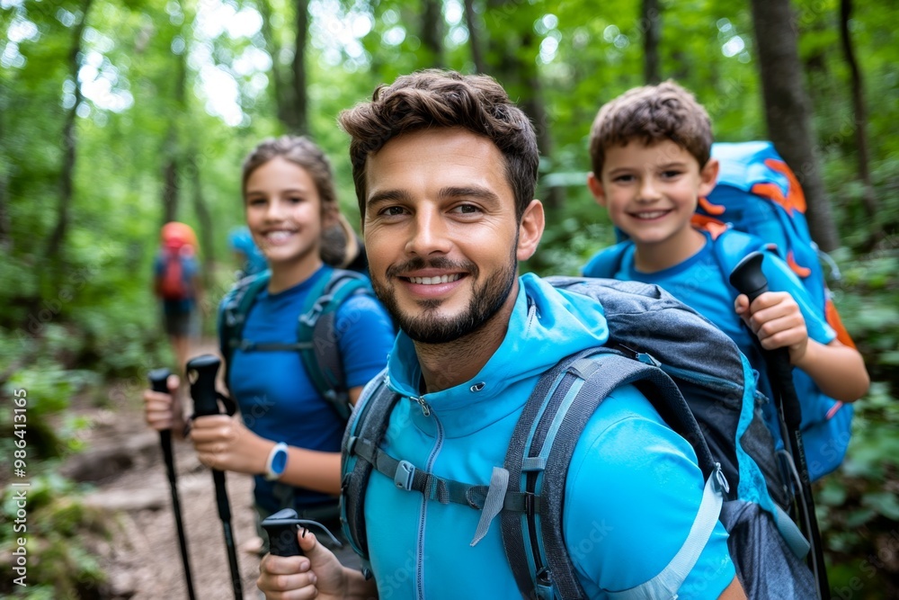 A family hiking through the woods, with backpacks and walking sticks, enjoying an adventurous day in nature