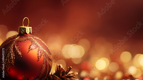 un fondo con destellos de luz y con espacio de copia para invitacion o tarjeta de navidad con una esfera roja con dorado decorada y adornada photo