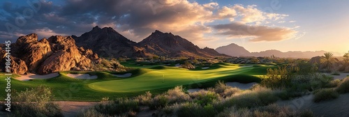Beautiful golf course in the desert at sunset, beautiful landscape